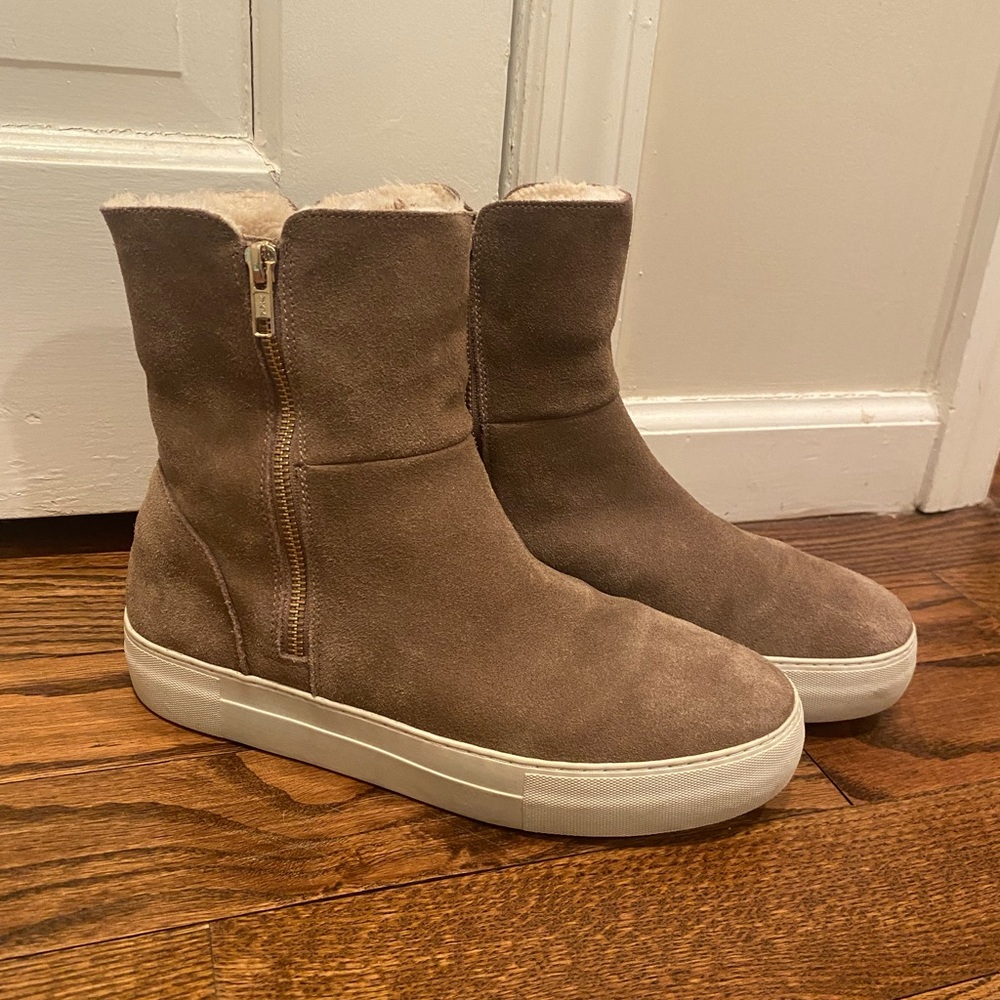 J/SLIDES Taupe Faux Fur & Suede Sneaker Booties 10 - Picture 2 of 6
